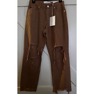 NWT Women's KanCan‎ Reese Straight Leg Distressed Raw Hem Jeans Lt Brown Sz 3/25
